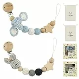Weciau Baby Schnullerkette, 2 Stück Handgemachte Schnullerkette Holz, 2-in-1 Bibs Schnullerkette mit Geschenkverpackung, BPA Frei Langlebig Trinkbecher Halteriemen (Elefant Kaninchen)