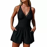 Badeanzug Damen Badekleid V Ausschnitt Mit Wickeloptik Bikini mit Shorts Breite Träger Baderock Formende Taille Integrierte Shorts Mit Taschen Swimsuit