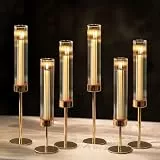NUPTIO Kerzenständer Gold Glaszylinder für Kerzen: 6er Kerzenhalter Stabkerzen mit Glasaufsatz Riffelglas Glas Stabkerzenhalter Hochzeit Tischdeko Hochzeitsdeko Tisch Goldene Zylinder