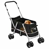FENLAX Hundewagen Faltbar Schwarz Leinenstoff 100x49x96 cm Hundebuggy für Kleine Hunde Wagen für Katzen Katzenwagen für Draußen Wagen für Hunde Haustier-Buggy für Hunde und Andere Haustiere