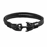 Emibele Armband für Damen, Robust Rindsleder, Mehrschichtig Vintage Anker Wickelarmband - Schwarz mit Schwarz Anker