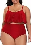 Pink Queen Damen Übergröße Tankini Set 2-Teiliges Bauchkontrolle Badeanzüge Strand Rüschen Plus Size Bikini Rot XL