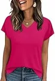 WIHOLL T-Shirts für Damen, V-Ausschnitt, Sommer-Top, kurzärmelig, lässiges T-Shirt, hot pink, L