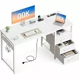 ODK Kleiner Schreibtisch mit 3 Schubladen aus Stoff, 100x48x75,5 cm Computertisch mit 2 Steckdosen und USB-Anschlüssen, Umkehrbarer PC-Schreibtisch Bürotisch für kleines Home Office, Weiß