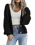 Hotouch Strickjacke Damen Kurz Solid Langarm Gestrickte Jacke V-Ausschnitt Cardigan Schwarz mit Knopf Elegant Casual Schulterjacke Top S