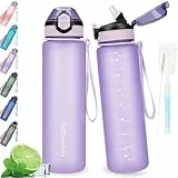 AOHAN Trinkflasche 1L mit auslaufsicherem Klappdeckel, BPA freie Sport Trinkflasche mit Stroh, Wasserflasche Geschirrspüler sichere Wasserflasche ungiftiger Wasserkrug mit Tragegurt