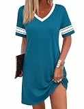 Bresdk Nachthemd Damen Schlafshirt Kurzarm Baumwolle Nachtwäsche Sleepshirt Kurz Bequeme Freizeitkleid Frauen Schlafkleid Loungewear Blau XL