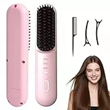HENGBIRD Kabellose Glättbürste Pink Edition – 3-in-1 Haarglätter Bürste Zum Glätten, Locken & Pflegen, USB Wiederaufladbarer Hitzestyler für Reisen, Mini Glättungsbürste Kabellos mit Zubehör