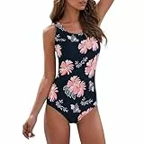 Durio Badeanzug Damen Bauchweg Badeanzüge für Damen Einteiliger Badeanzug Sexy Push Up Mehrfarbig Bademode Swimsuit Strandurlaub Sommer Rosa Blumen XL