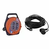 EMOS P19510 Mini-Kabeltrommel 10m / 4-Fach Kabelbox/Kabelrolle/Leitungsroller für den Innenbereich, 2300 W & REV 0065109 Verlängerung, Verlängerungskabel Aussenbereich wasserd. 10m 3680W, schwarz