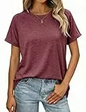 Litherday Damen T Shirt Sommer Rundhals Kurzarm Raglanärmel Oberteile Einfarbig Tops Baumwoll Locker Casual Basic Oberteil Alltag (Rotwein, XL)