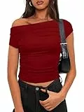 OYIGELZ Schulterfreies Oberteile Damen Tshirt Basic Kurzarm Y2K Slim Fit Klassischer Schnitt Crop Tops Einfarbig Shirt Sommer Casual Tee Shirts(Weinrot-L1,S)