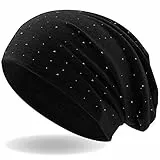 Hatstar Damen Beanie Mütze | mit edler Strass Nieten Applikation | Mädchen Mütze | elastisches Slouch Long Beanie | leicht und weich (1 schwarz)