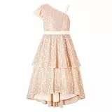 LOLANTA Pailletten-Partykleid für Mädchen, eine Schulter, mehrlagig, glitzernd, hoch niedrig, Kleider für Geburtstag, Abschlussball, Champagner, 12-13 Jahre