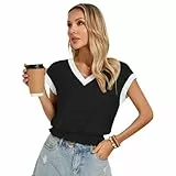 Kate Kasin Damen Freizeit Top V-Ausschnitt Kurzarm Strukturierte Bluse Kontrastbesatz Gesmokter Saum Elastische Taille Pullover Shirt Sommer Damen Oberteile Schwarz XL