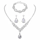 Yolev 3 Stück Brautschmuck Set Silber Schmuck Set Damen Silber Hochzeit Brautschmuck Strass Halskette Dangle Ohrringe Glänzendes Armband Hochzeit Party Braut Brautjungfer Schmuck