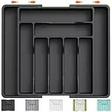 Lifewit Besteckkasten für Schublade, Verstellbarer Besteckhalter Kunststoff Besteckständer, Breite von 33 auf 57 cm, Utensilienhalter Küche Tiefe 38 cm, Küchen Organizer für Löffel/Gabeln, Schwarz