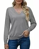 PrinStory Pullover Damen Langen Ärmeln Sweatshirts V-Ausschnitt Weiche Einfarbige Oberteile Lässige Winterpullover (Hellgrau, XL)