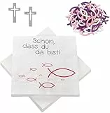 KOHMUI 60 Stücke Holz Fische Deko und 20 Servietten 'Schön, DASS du da bist!', Pink Lila Weiß Fisch Dekoration Tischdeko für Taufe, Kommunion Konfirmation oder andere Festliche Anlässe