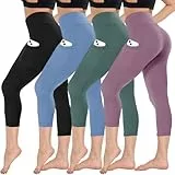 CAMPSNAIL Capri-Leggings für Damen, hohe Taille, weiche Bauchkontrolle, Yogahose mit Taschen, Workout-Strumpfhose, 4er-Pack, 4 Packungen, 2 # Schwarz/Rosa/Blau/Grün Premium (2 Taschen), S/M