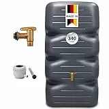 GARANTIA CUBUS Regentonne Komplett-Set 340 Liter Graphite Grey – Kompakter Regenwassertank mit Auslaufhahn + Fallrohranschluss – Platzsparender Gartentank/Wassertonne für Garten & Terrasse