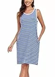 VOGMATE Nachthemd Damen Ärmellos Streifen Kurz Nachtkleid Baumwolle Sommer Schlafshirt Breite Schultergurte Nachtwäsche Sleepshirt mit Tasche Grau Blau L