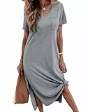 Tankaneo Damen T Shirt Freizeit Kleider Kurzarm V-Ausschnitt Sommerkleid Casual Maxi Nachthemd Schlafshirt Lose Seite Schlitz Lang Tshirt Kleid mit Taschen Grau L