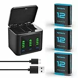 3-Stück Hero12 Akku Ladegerät Kit 2580mAh Ersatzakkus Typ-C LED Dreikanal Ladestation für GoPro Hero 12 11 10 9 Black (Ladegerät +3 Akkus)