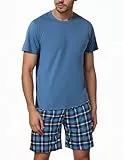 Litherday Schlafanzug Herren Kurz Pyjama Baumwolle Kurzarm Zweiteiliger Pyjama Set Nachtwäsche Kurzarm Oberteil und Karierte Schlafanzughose Hausanzug Sleepwear Weich und Hautfreundlich