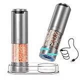 CIRCLE JOY Wiederaufladbares Elektrisches Salz und Pfeffermühlen Set mit Sockel, Gewürzmühlen aus Edelstahl mit 95ml Transparenter Behälter, Weißem LED-Licht und Extern Einstellbare Rauheit