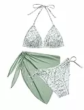 Svanco Cute Bikini Damen Set 3 Teilig mit Blumenmuster - Triangle Neckholder Oberteil, Unterteil Seitlicher Schnürung und Wrap Rock