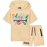Minecraft Trainingsanzug Kinder Teens 2er Sommer Sport Hoodie Jogginganzug Set Kapuzenpullover für Jungen und Shorts Bekleidungssets (11-12 Jahre, Pfirsich)
