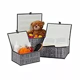 Relaxdays Aufbewahrungskorb 3er Set, mit Deckel & Stoffeinsatz, Bambuskorb, dekorative Aufbewahrungsbox, 3 Größen, grau, 15 x 33 x 25,5 cm