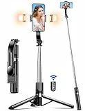 Selfie Stick mit Verbessertem Stativ, Selfie Stick Stativ mit 2 Fülllicht, Extra Langes 115cm Handy Stativs mit Abnehmbarer Fernbedienung, Kompatibel mit iPhone Samsung usw, Action-Kamera GoPro