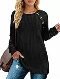Cicy Bell Damen Langarmshirt Casual Henley Shirt Rundhals Pullover Obrteile Knopfdecor Seiten Schlitz Tunika Tops,Schwarz,M