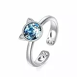 Katze Ring für Damen 925 Sterling Silber Blauer Kristall Pfotenab Drücke Kätzchen Verstellbarer Ring für Mädchen Katzen Liebhaber