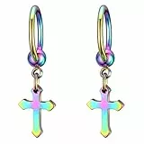 JewelryWe Kreuz Ohrringe Herren Damen: Klassische Edelstahl Creolen Huggie Kreolen Ohrstecker Ohrhänger mit Kruzifix Kreuz Anhänger Hängende Ohrringe für Frauen Männer Regenbogen Farbig