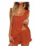 MARZXIN Schlafanzug Damen Kurz Zweiteiliger Pyjama Kurzarm Set Brautpyjama Sommer Nachtwäsche Loungewear Sleepwear Hausanzug Rüschen Ärmelloses Tank Top und Short Koralle M