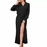 HEARTNICE Leichter Bademantel Damen lang, Morgenmantel Damen langer Hausmantel weiche Nachtwäsche Saunamantel Loungewear (Schwarz, M)