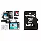 Exprotrek Action Cam,4K 30fps Ultra HD, 40m 100Fuß wasserdichte Unterwasserkamera, WiFi, 170° Ultraweitwinkel, Fernbedienung & Intenso microSDXC 64GB Class 10 Speicherkarte inkl. SD-Adapter, schwarz