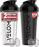 VELOMIX -2 PACK- 828ml Eiweiß Shaker - Auslaufsicher Shaker Proteinshake Mit 2x Kugel | Drehverschluss & Mess-Skala Shake Becher | Spülmaschinengeeignet & Stackable Protein Shaker (Black/Transparent)
