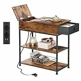 WLIVE Beistelltisch Schmal, 3 Ablagen Nachttisch mit Ladestation und Ablagefläche, Flip-Top Sofatisch für Wohnzimmer Schlafzimmer, küche, Retro Braun