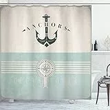 ABAKUHAUS Nautisch Duschvorhang, Altmodisch Maritim Anker, Stoffliches Gewebe Badezimmerdekorationsset mit Haken, 175 x 180 cm, Seafoam Beige Reseda Grün