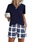 Jezonga Schlafanzug Damen Kurz Baumwolle Pyjama Sommer Set Nachtwäsche Kurzarm Loungewear Sleepwear Zweiteiliger V-Kragen Elastischer Bund Taschen Blau M