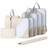 DIMJ Compression Packing Cube, 8-teiliges Koffer Organizer Set, Packwürfel für Kleidung, Inklusive Travel Organizer, Kleidertaschen, Schuhbeutel & Wäschebeutel – Beige