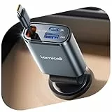 Lamicall 3 IN 1 Zigarettenanzünder USB C Auto Ladegerät -【2025 Super Kompakt】50W USB Adapter Auto Schnellladegerät mit einziehbare Typ-C Kabel/USB C/USB A, 24/12V KFZ Ladegerät Auto für iPhone/Samsung