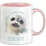 Robben Tasse mit Namen – Personalisierte Kaffeebecher Geschenkidee süßes Tiermotiv Namenstasse (Rosa)