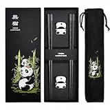 Wiederverwendbares Fiberglas Essstäbchen Set mit Panda Design – 2 Paar Geschirrspülmaschinenfeste Stäbchen + Keramik-Auflage – Elegantes Chinesisches Geschenk