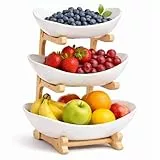 Zenquira Obst Etagere 3 Stöckig Keramik mit Bambusständer – Etagere Obstschale für Küche & Esstisch, Große Obstständer für Arbeitsplatte, Spülmaschinenfest