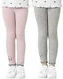 Adorel Mädchen Leggings Baumwolle Unifarbe Hosen Katze Stickerei 2er-Pack Rosa & Hellgrau 122-128 EU (Herstellergröße 130)